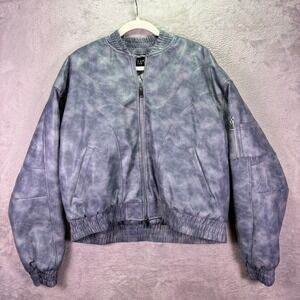 BoohooMAN Mens Bomber Jacket Sz L Blue Gray Acid Wash Faux Leather Streetwear